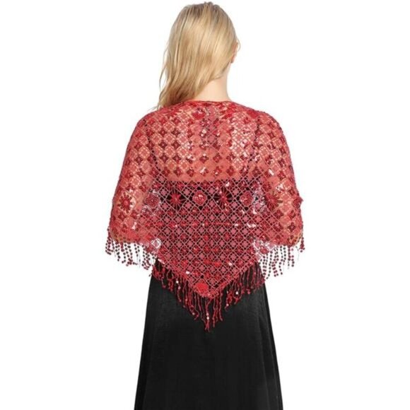 Women's Glittering Triangle Scarf Sequin Red - Picture 1 of 4